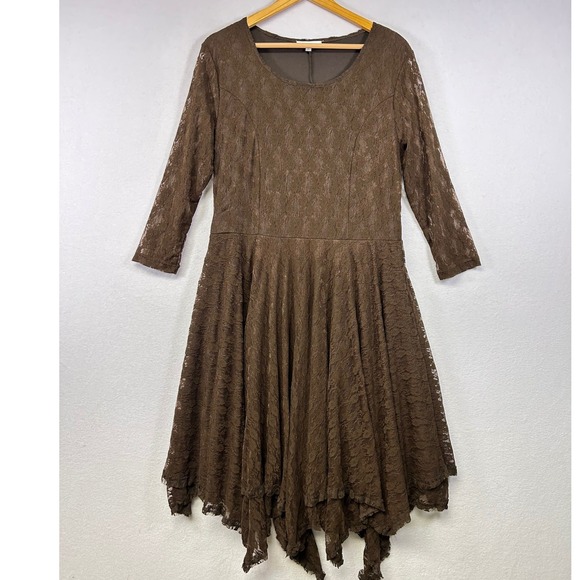 Back In The Saddle Dresses & Skirts - Back in the Saddle Brown Lace Midi Dress with Asymmetrical‎ Hem Size L